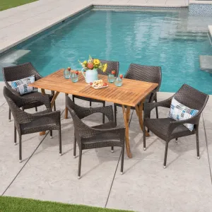 Outdoor 7 Piece Acacia Wood/ Wicker Dining Set, Teak Finish and Multibrown - NH592403 patio chairs, outdoor seating