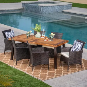 Outdoor 7 Piece Acacia Wood/ Wicker Dining Set with Cushions, Teak Finish and Multibrown with Beige - NH213403 patio chairs, outdoor seating