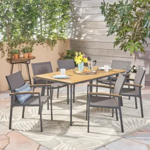 Outdoor 7 Piece Aluminum and Mesh Dining Set with Wood Top - NH102503 patio chairs, outdoor seating