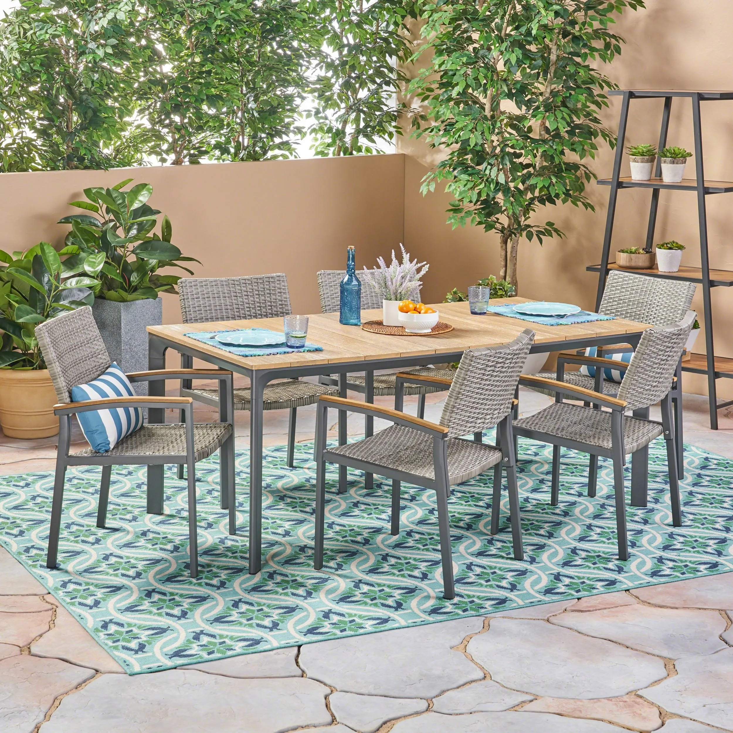Outdoor 7 Piece Aluminum and Mesh Dining Set with Wood Top - NH791503
