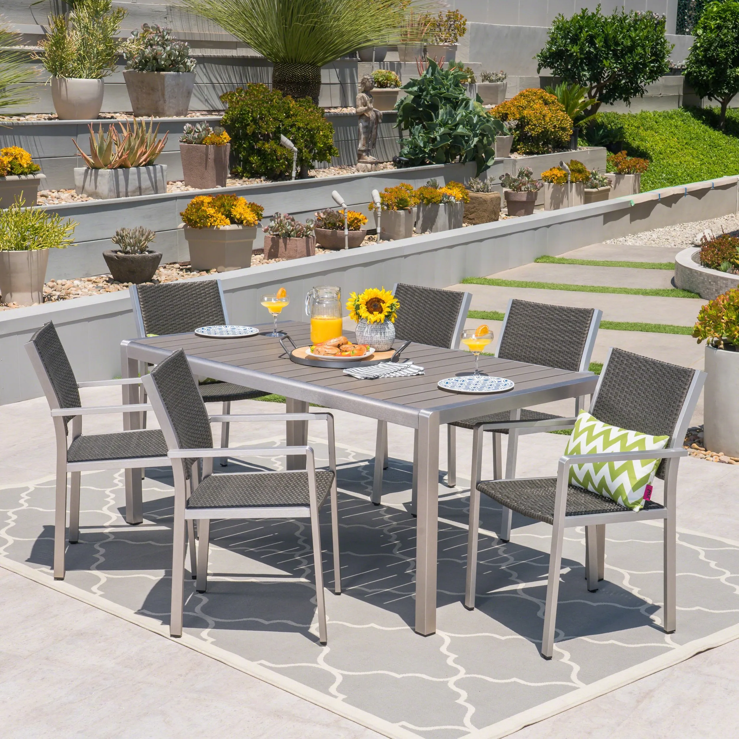 Outdoor 7 Piece Aluminum and Wicker Dining Set with Faux Wood Table Top - NH834503 patio chairs, outdoor seating
