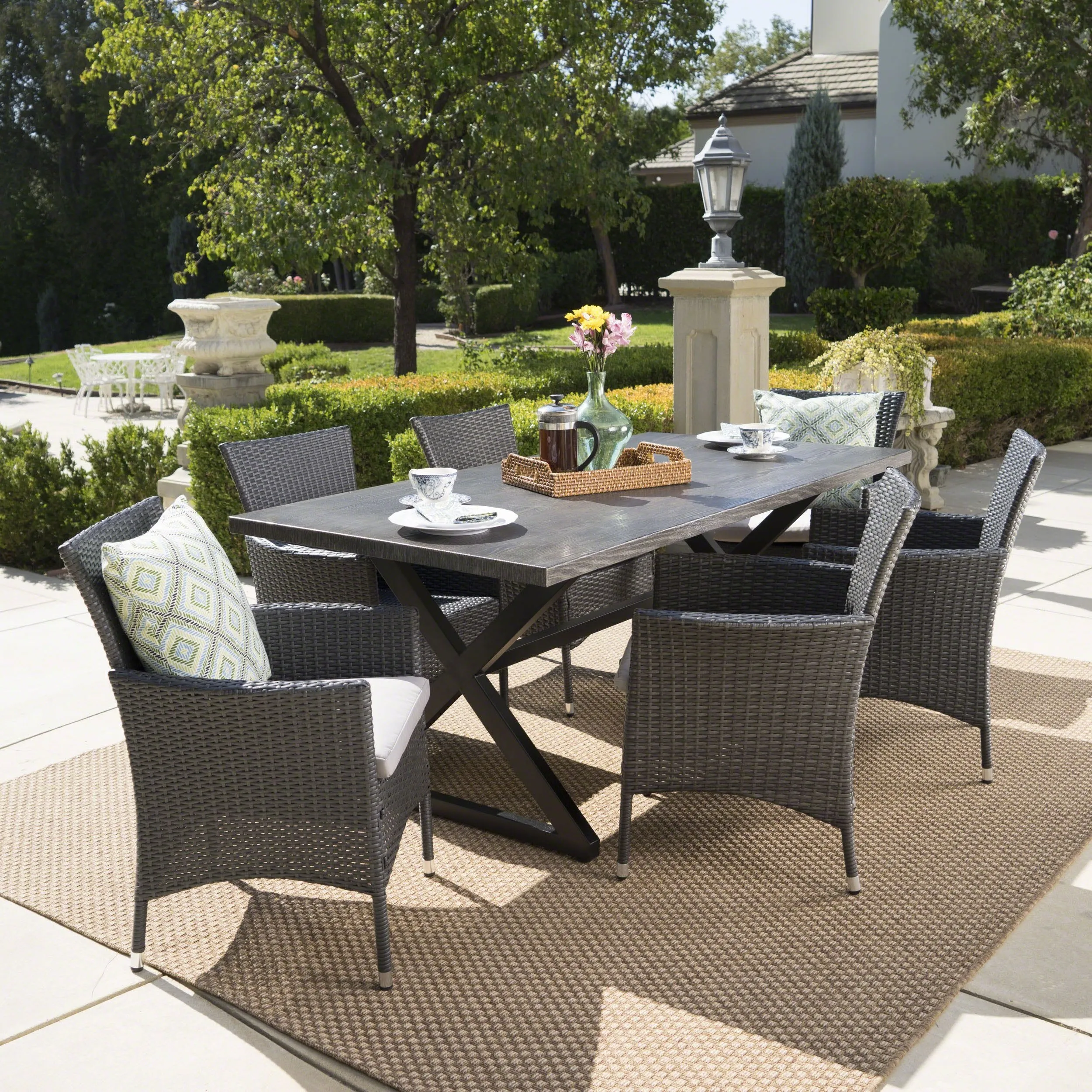 Outdoor 7 Piece Aluminum Dining Set with Wicker Dining Chairs - NH815203