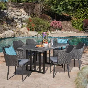 Outdoor 7 Piece Black Wicker Dining Set with Grey Oak Finish Light Weight Concrete Dining Table and Grey Water Resistant Cushions - NH880403 patio chairs, outdoor seating