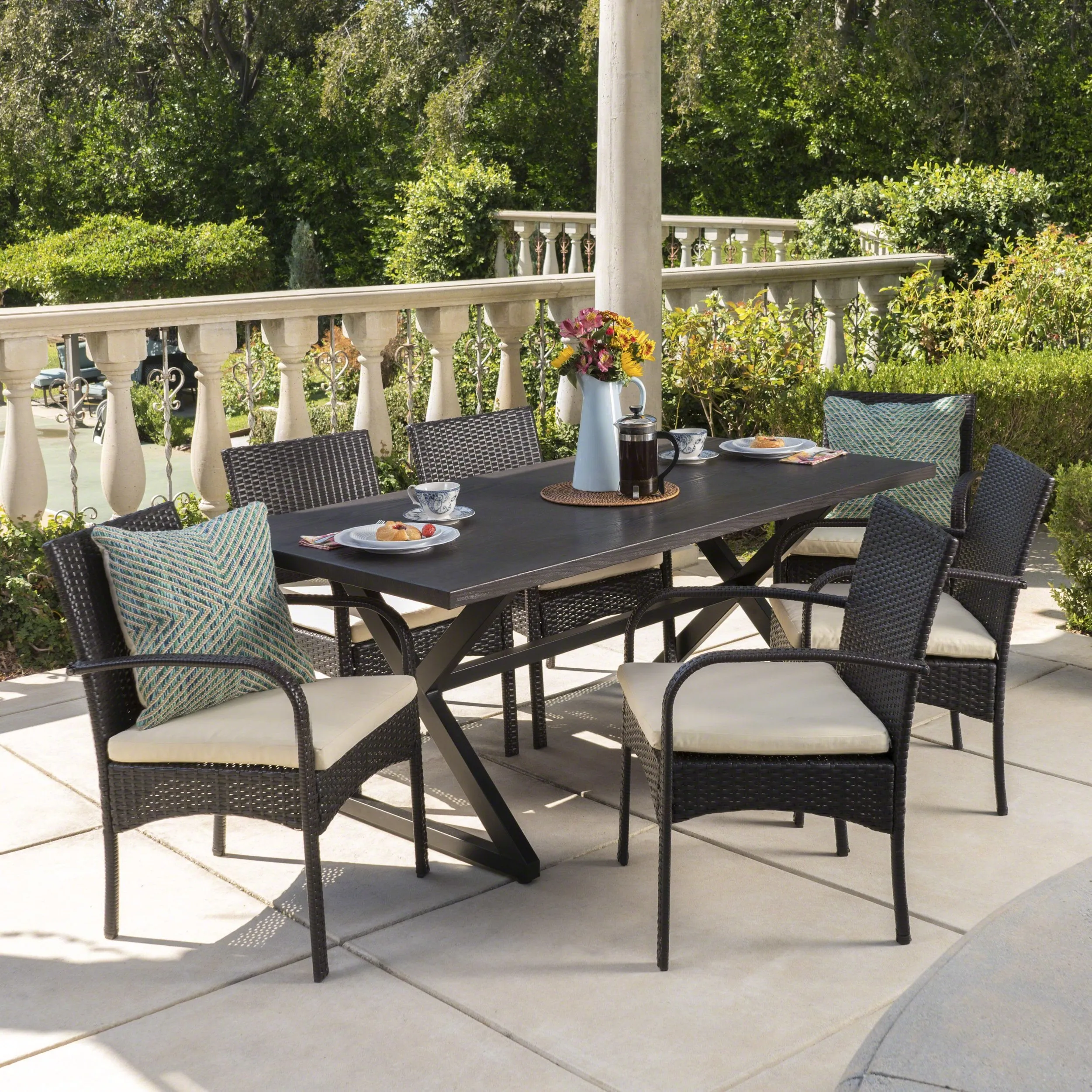 Outdoor 7 Piece Brown Aluminum Dining Set with Multi-brown Chairs - NH015203 patio chairs, outdoor seating
