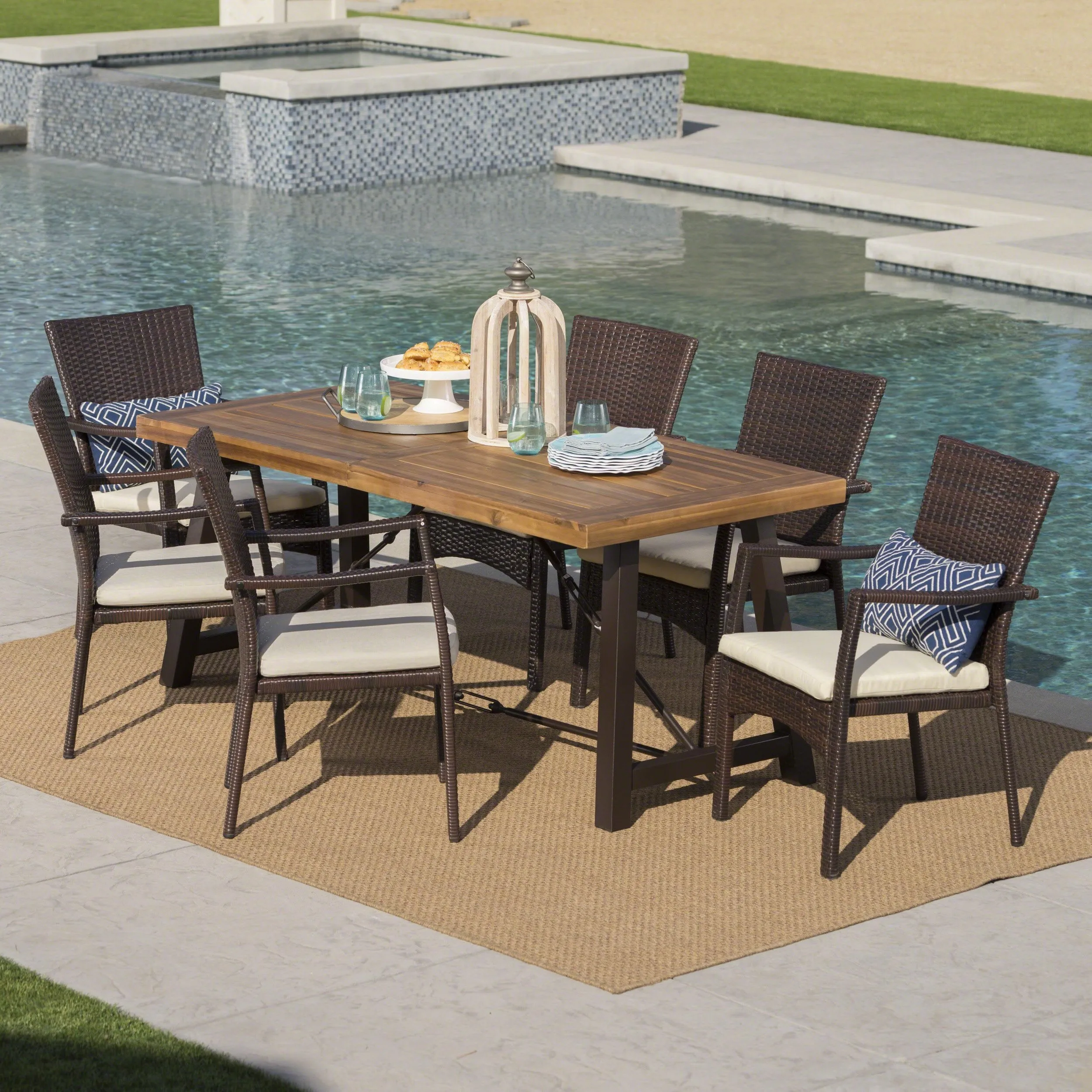 Outdoor 7 Piece Dining Set with Teak Finished Wood Table and Brown Chairs - NH742203 patio chairs, outdoor seating