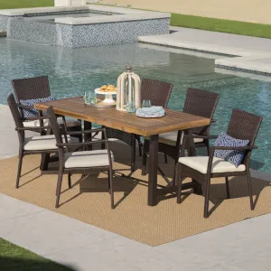 Outdoor 7 Piece Dining Set with Teak Finished Wood Table and Brown Chairs - NH742203 patio chairs, outdoor seating
