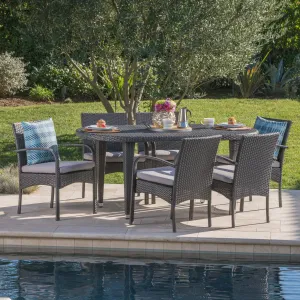 Outdoor 7 Piece Gray Wicker Dining Set with Gray Water Resistant Cushions - NH836203 patio chairs, outdoor seating