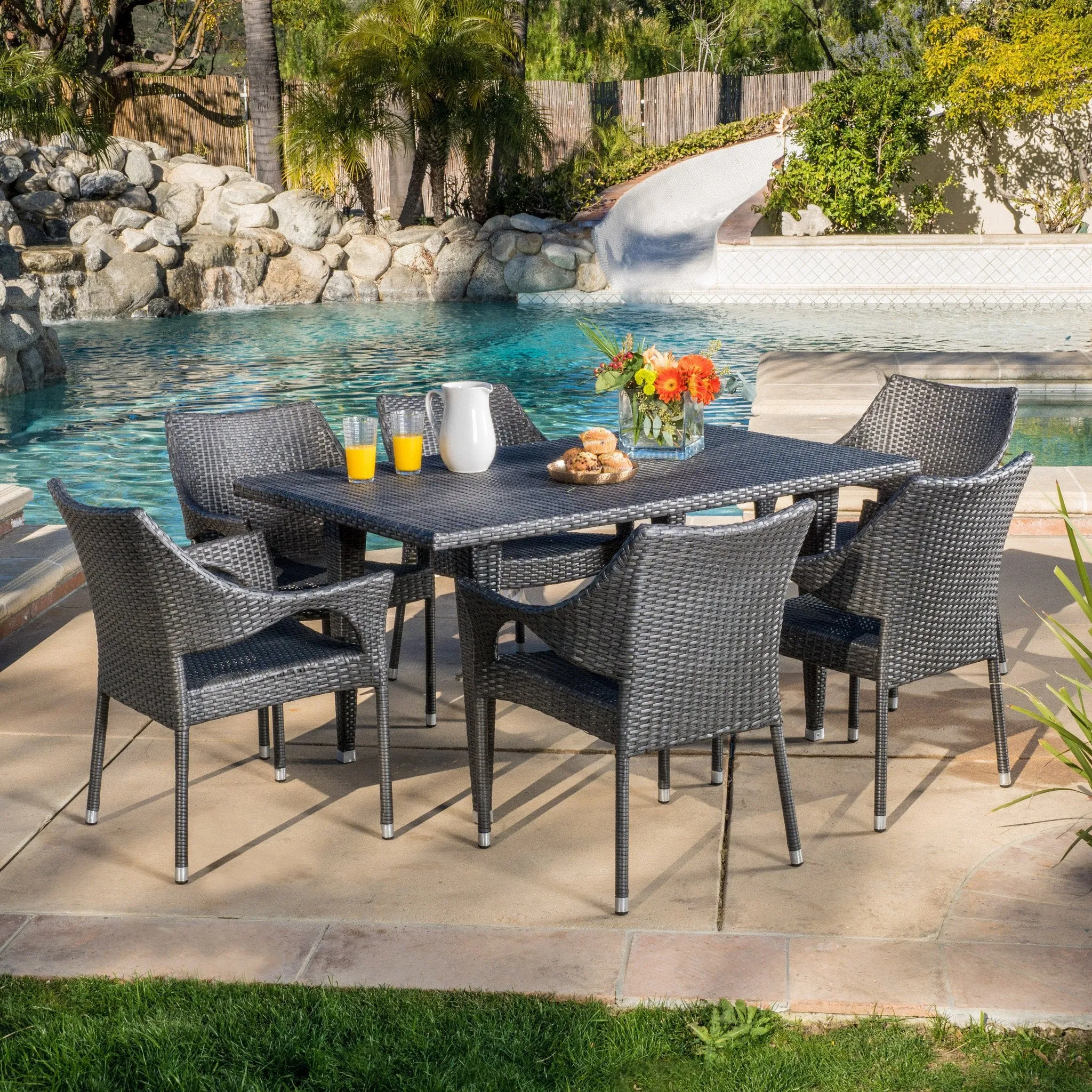 Outdoor 7-Piece Gray Wicker Dining Set with Stacking Chairs - NH096692 patio chairs, outdoor seating