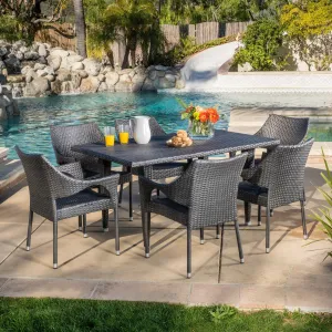 Outdoor 7-Piece Gray Wicker Dining Set with Stacking Chairs - NH096692 patio chairs, outdoor seating