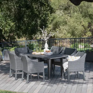 Outdoor 7 Piece Gray Wicker Dining Set with Water Resistant Cushions - NH023203 patio chairs, outdoor seating