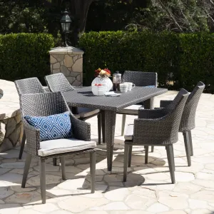 Outdoor 7 Piece Gray Wicker Dining Set with Water Resistant Cushions - NH564203 patio chairs, outdoor seating