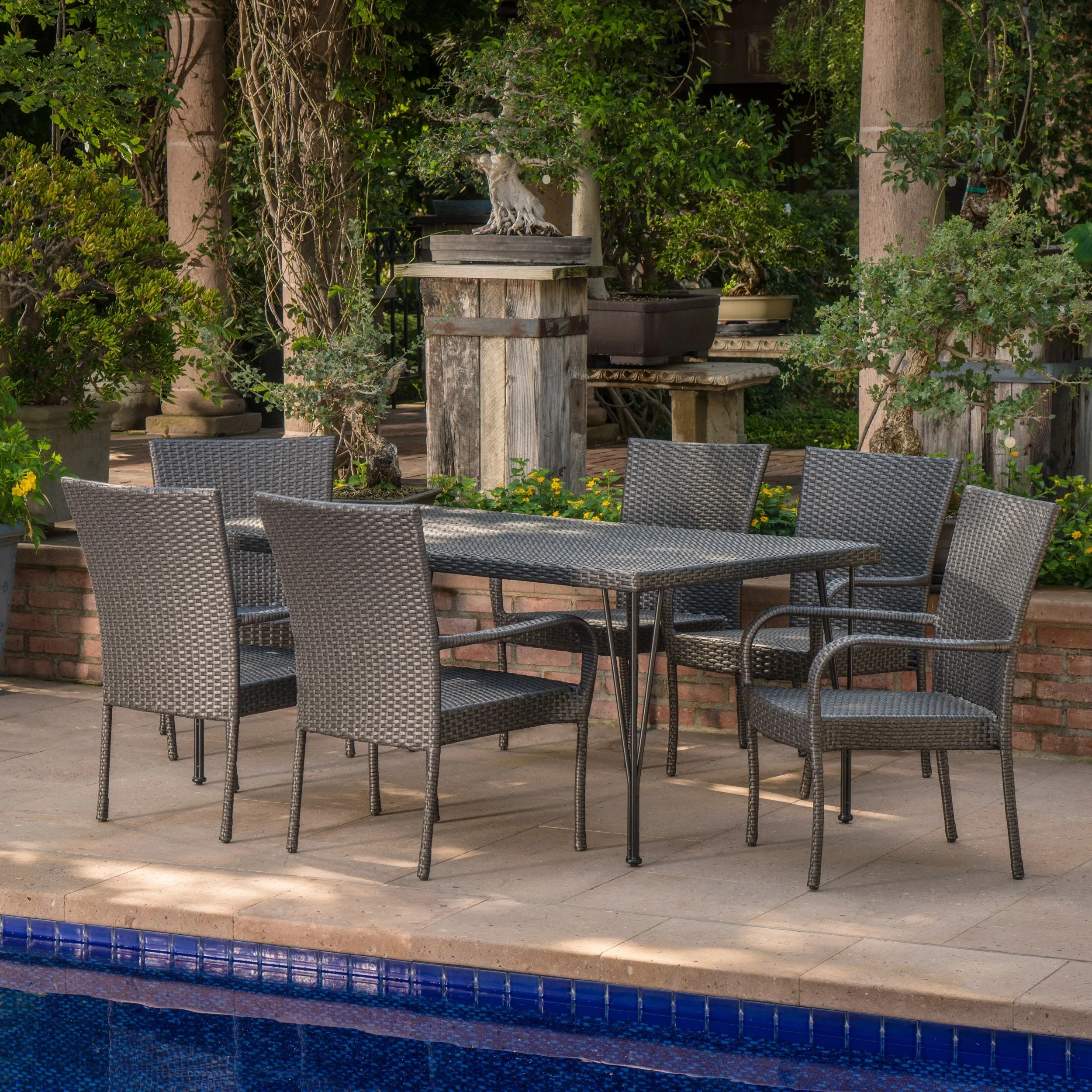 Outdoor 7 Piece Gray Wicker Rectangular Dining Set with Stacking Chairs - NH971203 patio chairs, outdoor seating