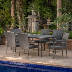 Outdoor 7 Piece Gray Wicker Rectangular Dining Set with Stacking Chairs - NH971203 patio chairs, outdoor seating