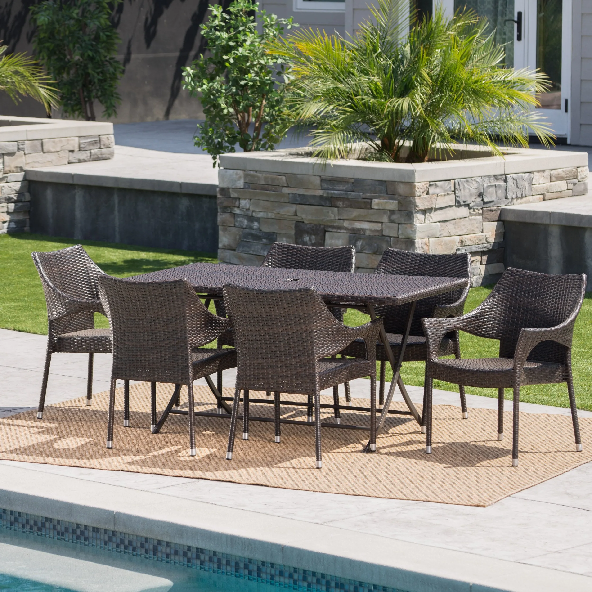 Outdoor 7 Piece Multi-brown Wicker Dining Set - NH710203 patio chairs, outdoor seating