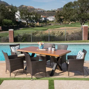 Outdoor 7 Piece Multi-brown Wicker Dining Set with Concrete Table - NH177303 patio chairs, outdoor seating