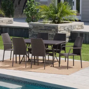 Outdoor 7 Piece Multi-brown Wicker Dining Set with Foldable Table and Stack - NH910203 patio chairs, outdoor seating
