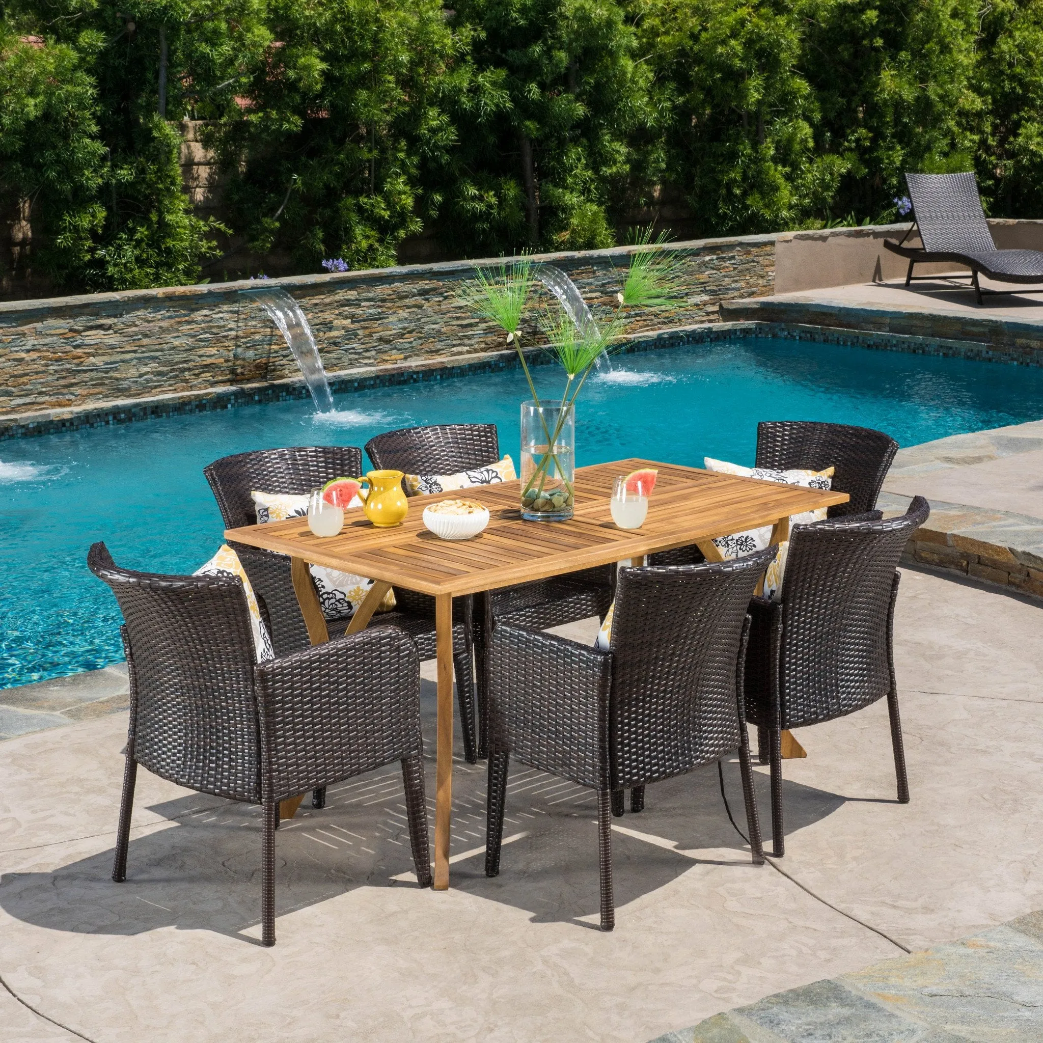 Outdoor 7-Piece Multi-Brown Wicker Dining Set with Teak Acacia Wood Table - NH634892 patio chairs, outdoor seating