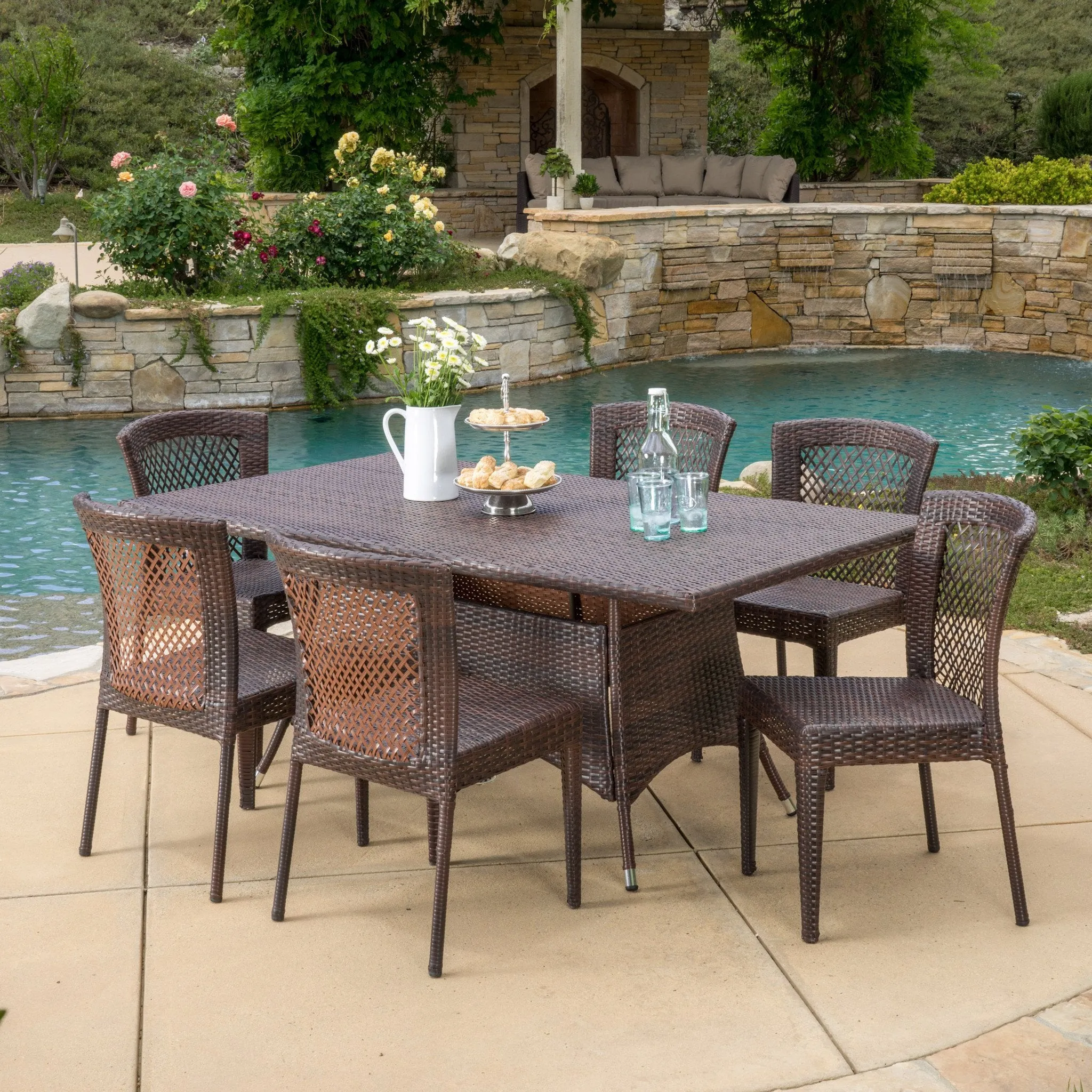 Outdoor 7-Piece Multi-Brown Wicker Dining Set with Umbrella Hole - NH128592 patio chairs, outdoor seating