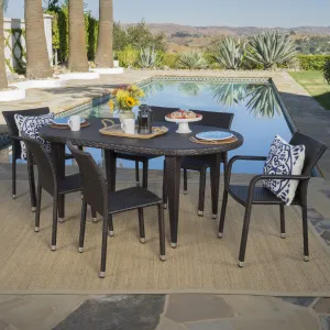 Outdoor 7 Piece Multi-brown Wicker Oval Dining Set with Stacking Chairs - NH146203 patio chairs, outdoor seating