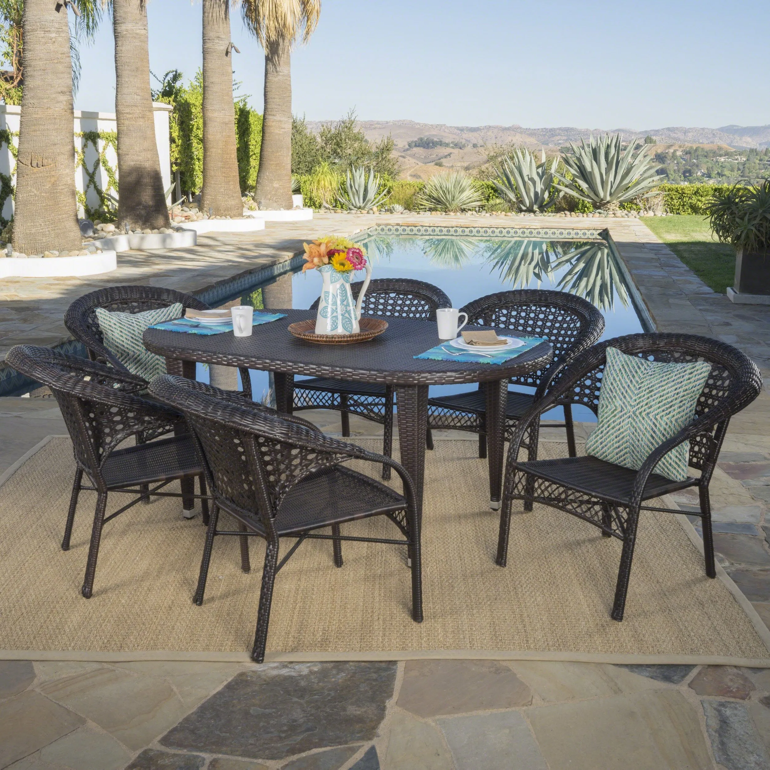 Outdoor 7 Piece Multi-brown Wicker Oval Dining Set with Stacking Chairs - NH356203 patio chairs, outdoor seating
