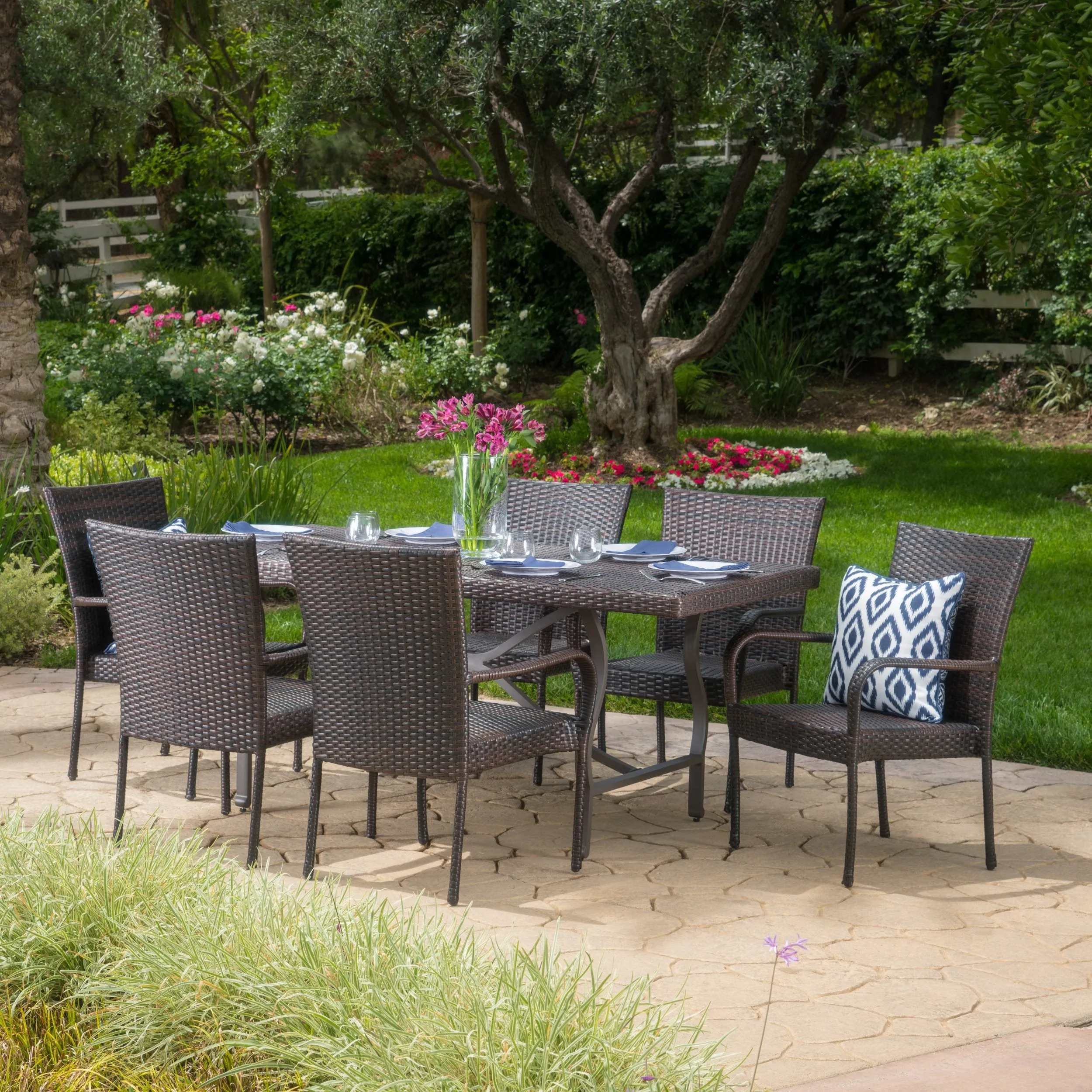 Outdoor 7 Piece Multibrown Wicker Dining Set - NH655003 patio chairs, outdoor seating