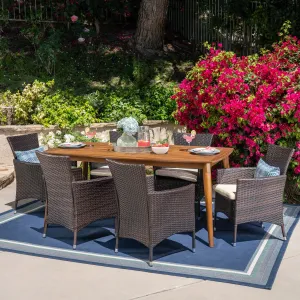 Outdoor 7 Piece Multibrown Wicker Dining Set with Teak Finish Rectangular Acacia Wood Dining Table and Beige Water Resistant Cushions - NH591403 patio chairs, outdoor seating