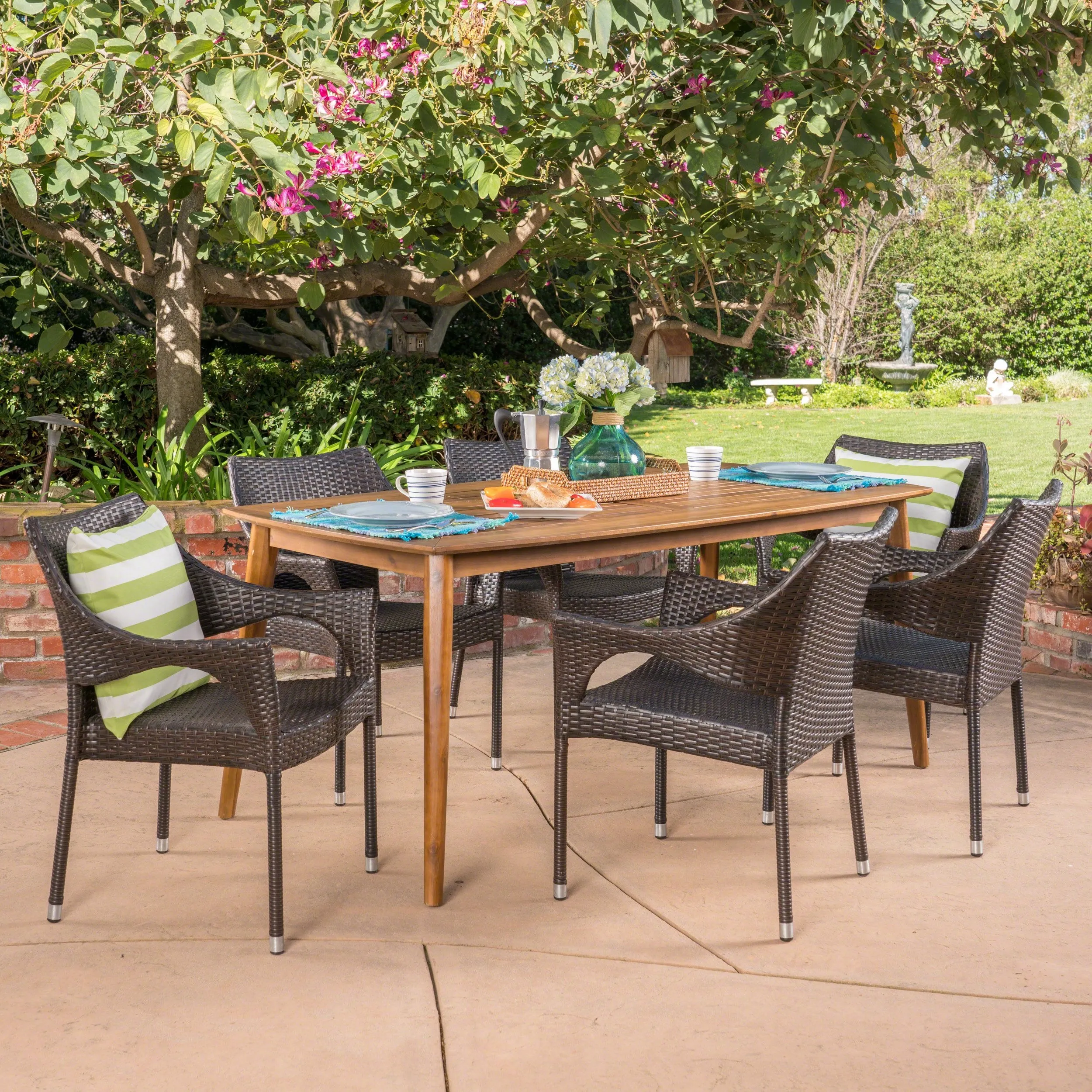 Outdoor 7 Piece Multibrown Wicker Dining Set with Teak Finish Rectangular Acacia Wood Dining Table - NH491403 patio chairs, outdoor seating