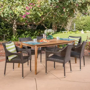 Outdoor 7 Piece Multibrown Wicker Dining Set with Teak Finish Rectangular Acacia Wood Dining Table - NH491403 patio chairs, outdoor seating