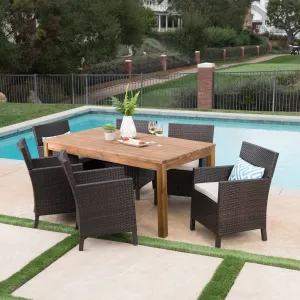 Outdoor 7 Piece Multibrown Wicker Dining Set with Teak Finished Acacia Wood Expandable Dining Table and Light Brown Water Resistant Cushions - NH475303 patio chairs, outdoor seating