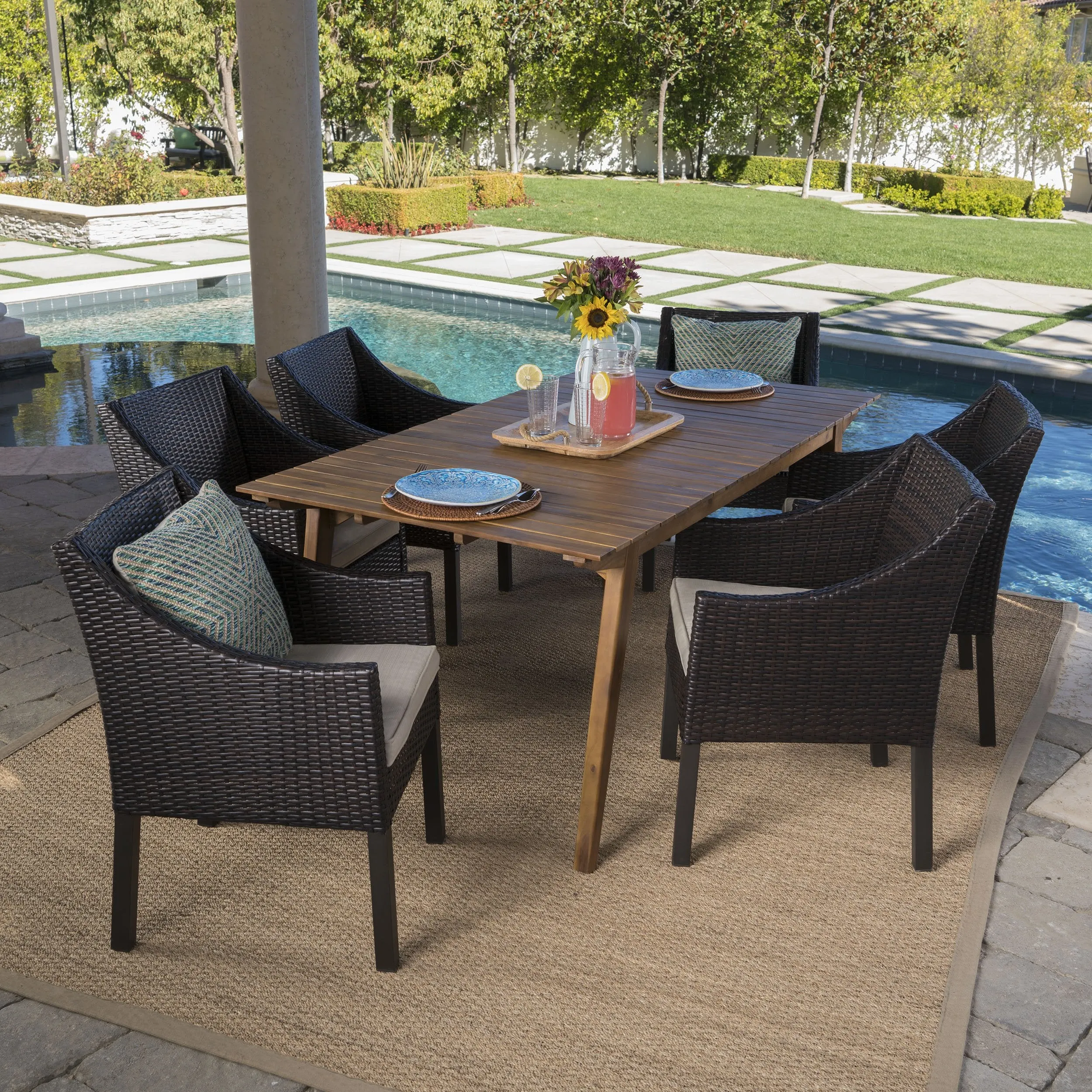 Outdoor 7 Piece Teak Finished Acacia Wood Rectangular Dining Set - NH208203 patio chairs, outdoor seating