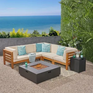 Outdoor 7 Piece V-Shaped Acacia Wood Sectional Sofa Set with Fire Pit and Outdoor Cushions - NH670703 patio chairs, outdoor seating