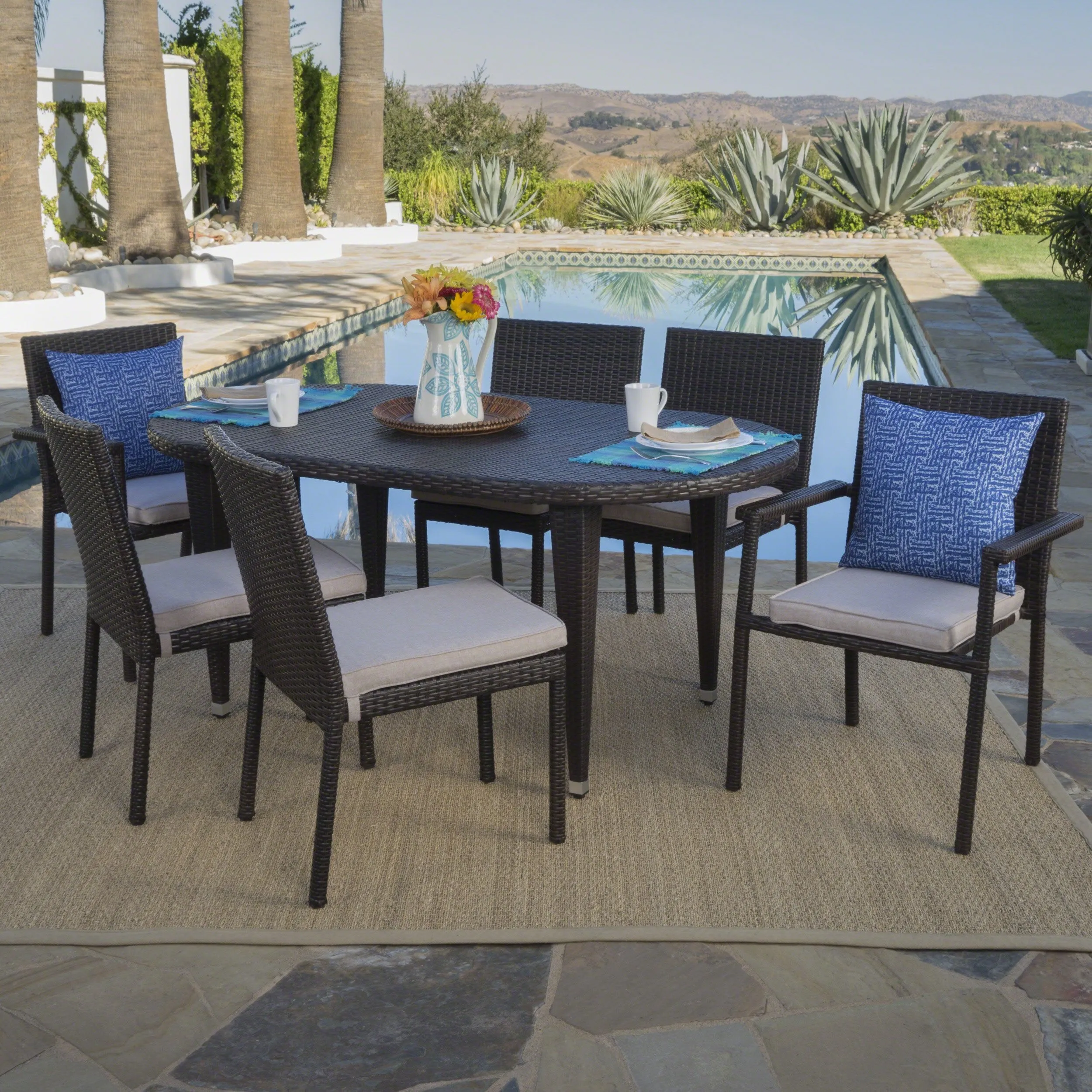 Outdoor 7 Piece Wicker Dining Set with Armed and Armless Stacking Chairs - NH246203 patio chairs, outdoor seating