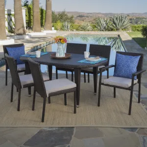 Outdoor 7 Piece Wicker Dining Set with Armed and Armless Stacking Chairs - NH246203 patio chairs, outdoor seating