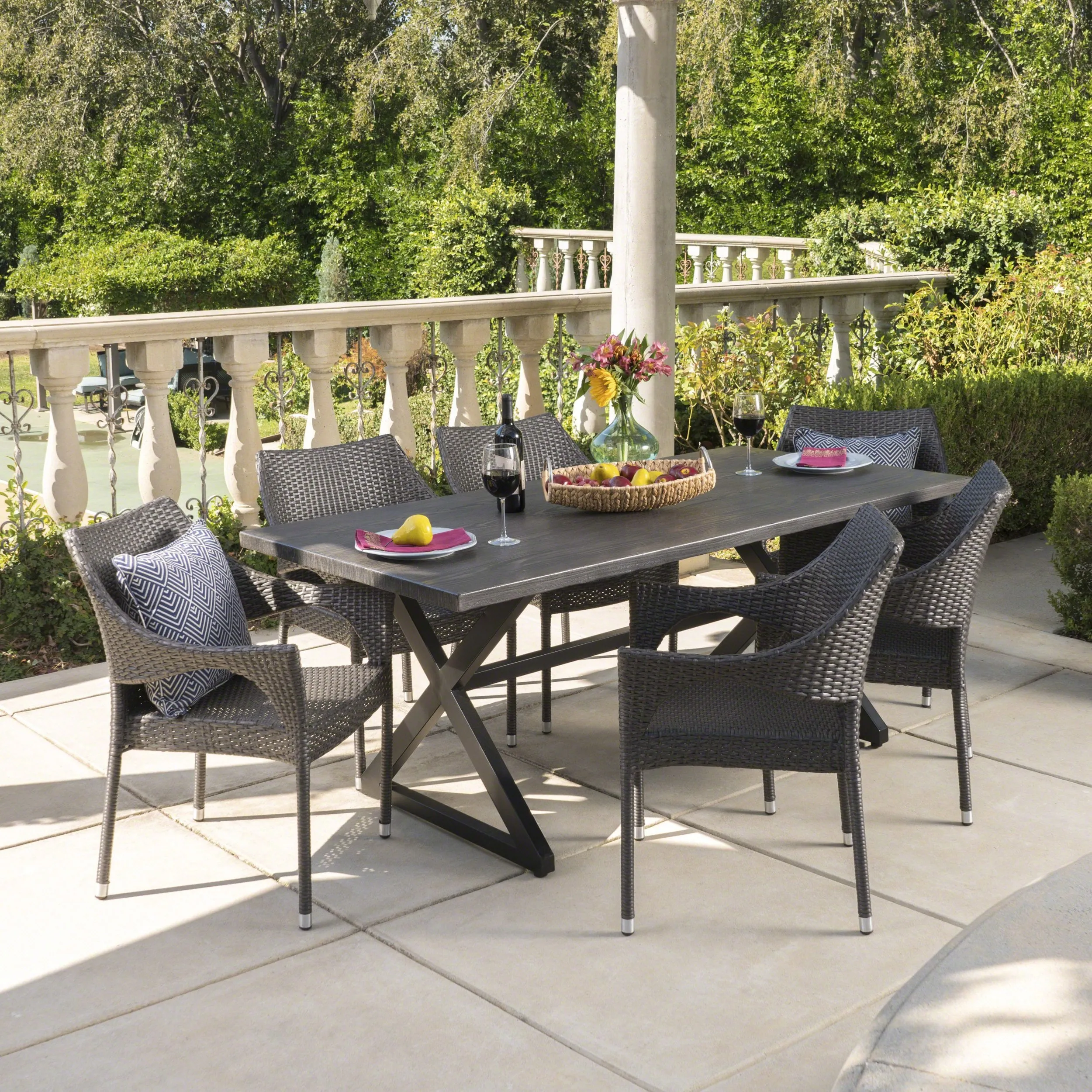 Outdoor 7 Piece Wicker Dining Set with Rectangular Aluminum Table - NH405203 patio chairs, outdoor seating
