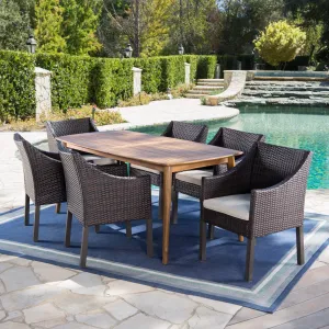 Outdoor 7 Piece Wicker Dining Set with Teak Finished Acacia Wood Table - NH133203 patio chairs, outdoor seating