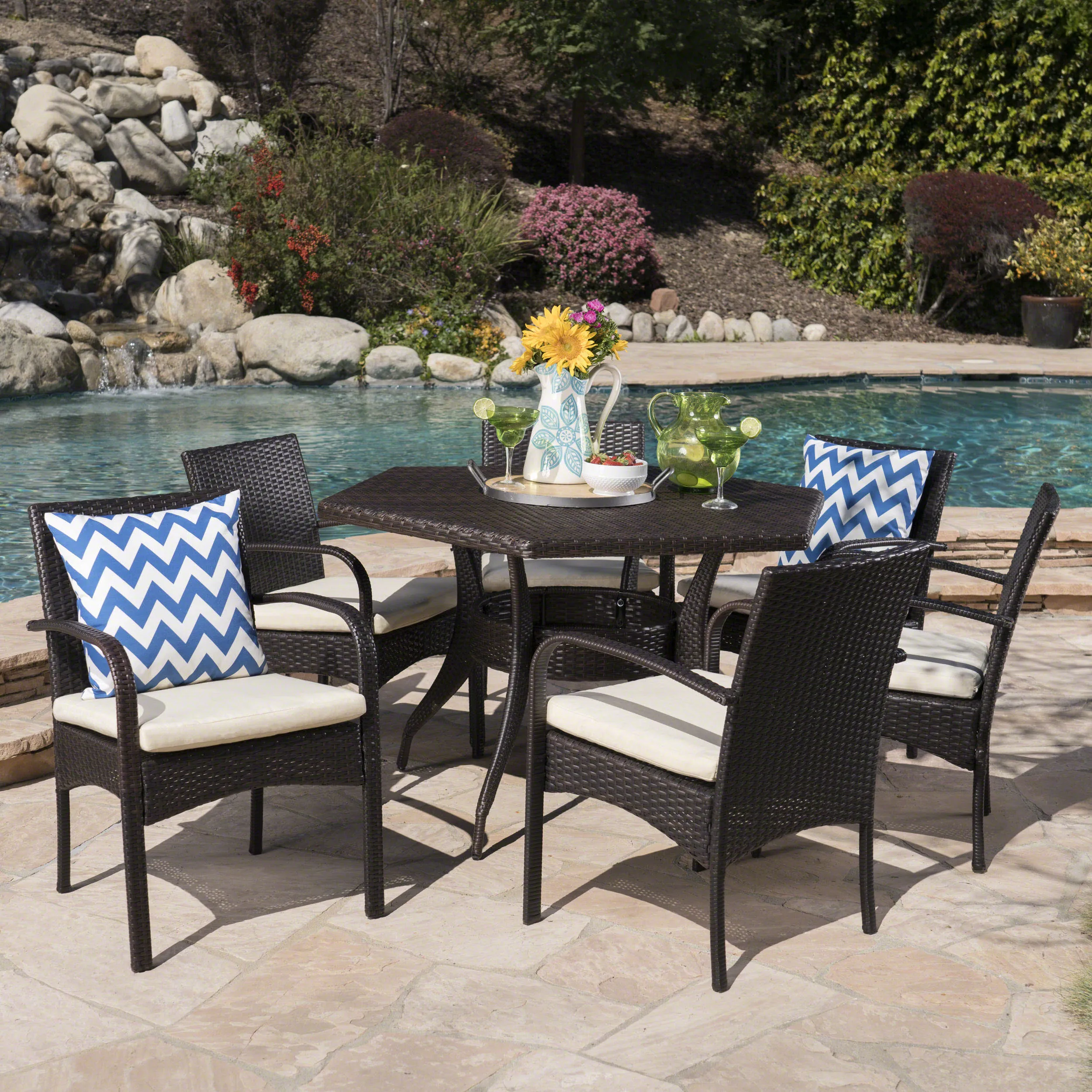 Outdoor 7 Piece Wicker Hexagon Dining Set with Water Resistant Chairs - NH581403 patio chairs, outdoor seating