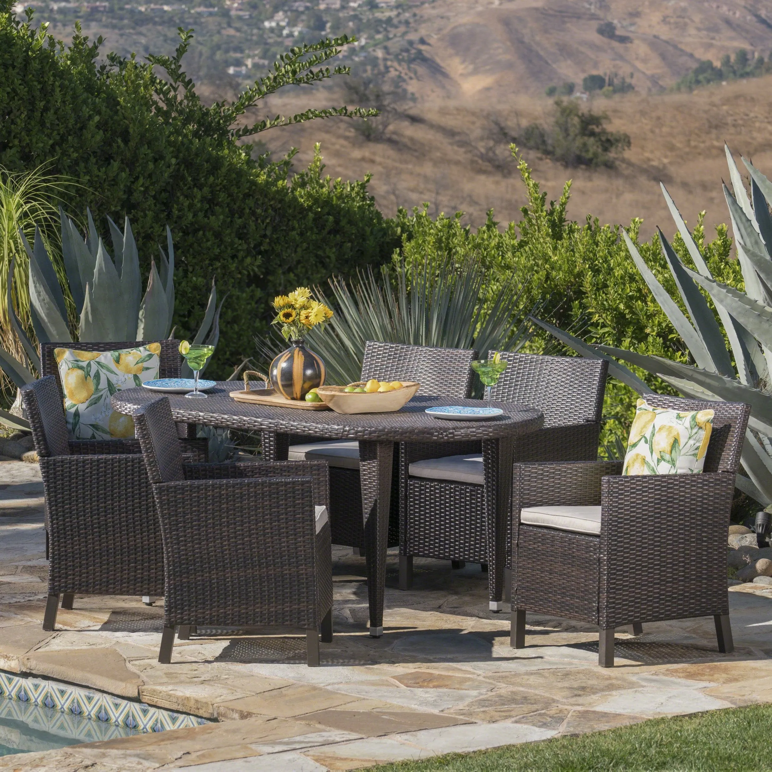 Outdoor 7 Piece Wicker Oval Dining Set with Water Resistant Cushions - NH756203 patio chairs, outdoor seating