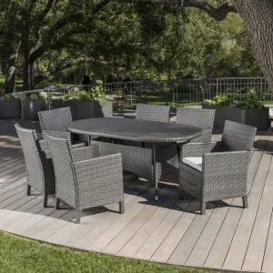 Outdoor 7 Piece Wicker Round Dining Set with Water Resistant Cushions - NH833203 patio chairs, outdoor seating