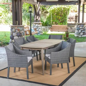 Outdoor 7 Piece Wood and Wicker Dining Set, Gray and Gray - NH271503 patio chairs, outdoor seating