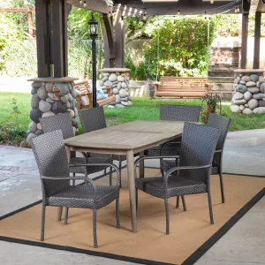 Outdoor 7 Piece Wood and Wicker Dining Set, Gray and Gray - NH371503 patio chairs, outdoor seating