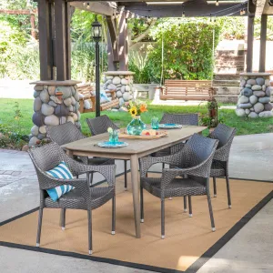 Outdoor 7 Piece Wood and Wicker Dining Set, Gray and Gray - NH471503 patio chairs, outdoor seating