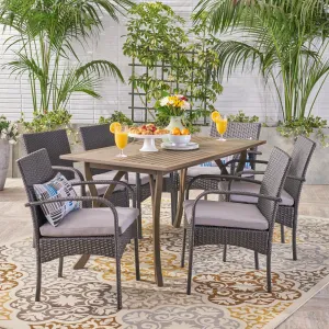 Outdoor 7 Piece Wood and Wicker Dining Set, Gray and Gray - NH521503 patio chairs, outdoor seating
