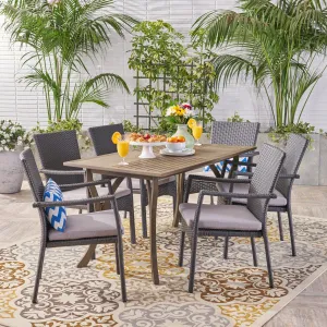 Outdoor 7 Piece Wood and Wicker Dining Set, Gray and Gray - NH621503 patio chairs, outdoor seating