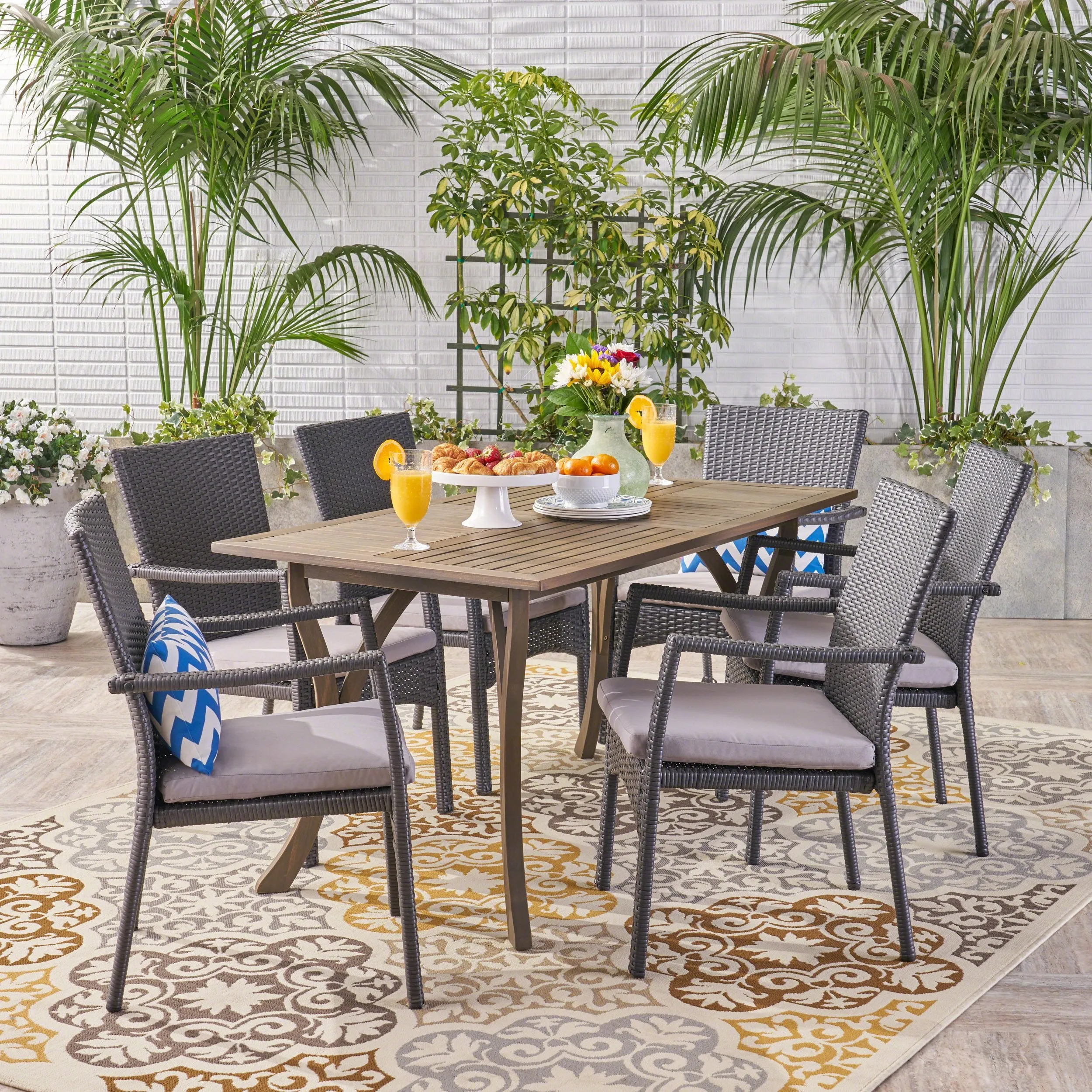 Outdoor 7 Piece Wood and Wicker Dining Set, Gray and Gray - NH621503 patio chairs, outdoor seating