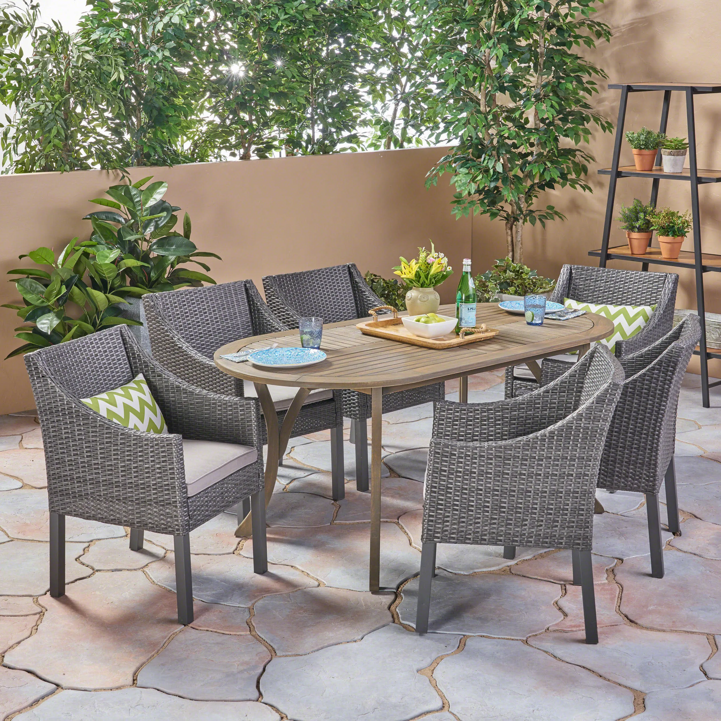 Outdoor 7 Piece Wood and Wicker Dining Set, Gray Finish and Gray - NH372503 patio chairs, outdoor seating