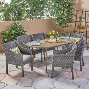 Outdoor 7 Piece Wood and Wicker Dining Set, Gray Finish and Gray - NH372503 patio chairs, outdoor seating