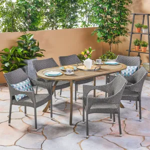Outdoor 7 Piece Wood and Wicker Dining Set, Gray Finish and Gray - NH962503 patio chairs, outdoor seating