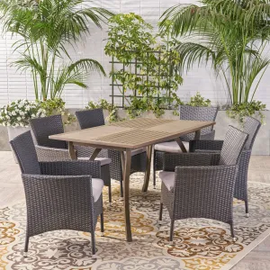 Outdoor 7 Piece Wood and Wicker Dining Set - NH031503 patio chairs, outdoor seating