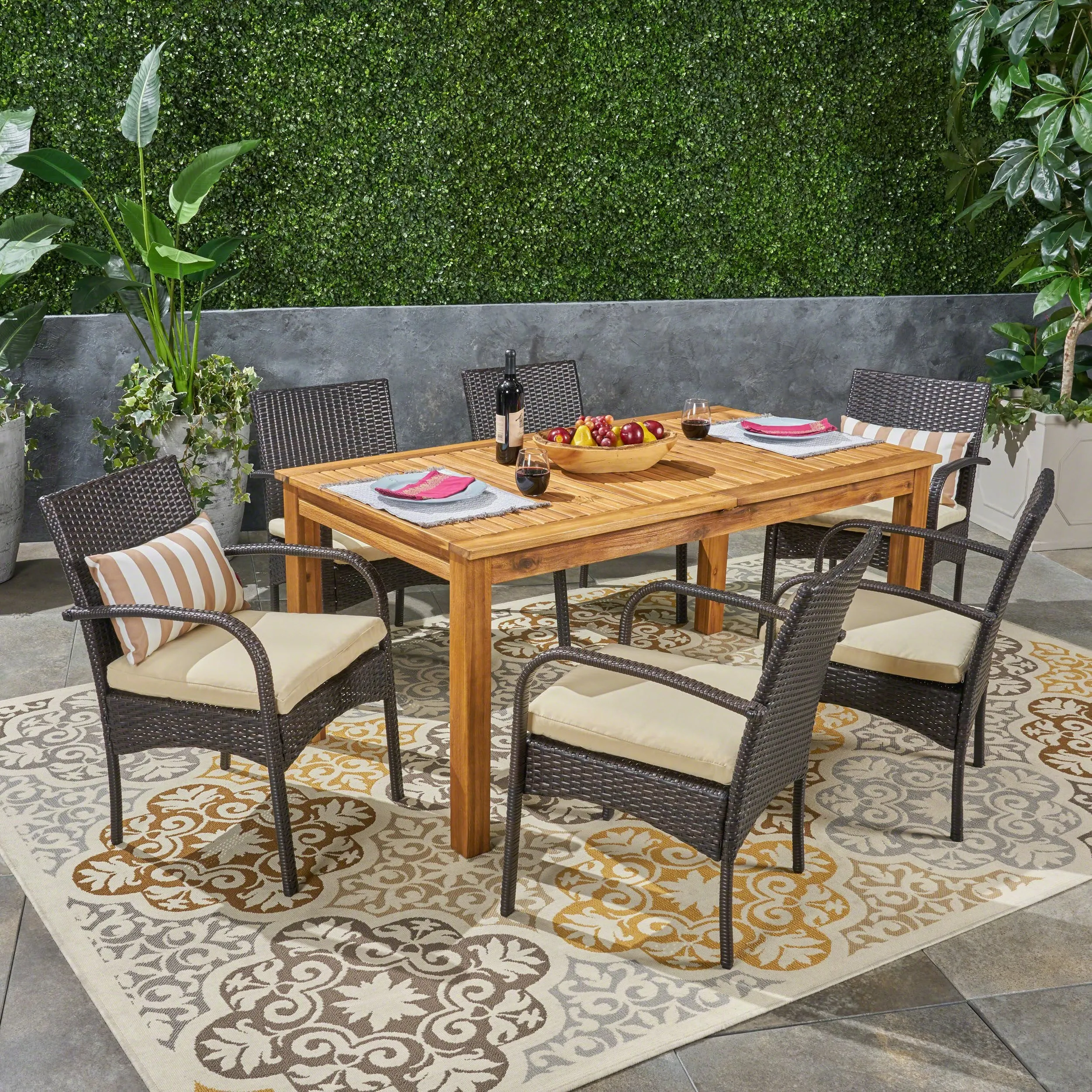 Outdoor 7 Piece Wood and Wicker Expandable Dining Set - NH154503 patio chairs, outdoor seating