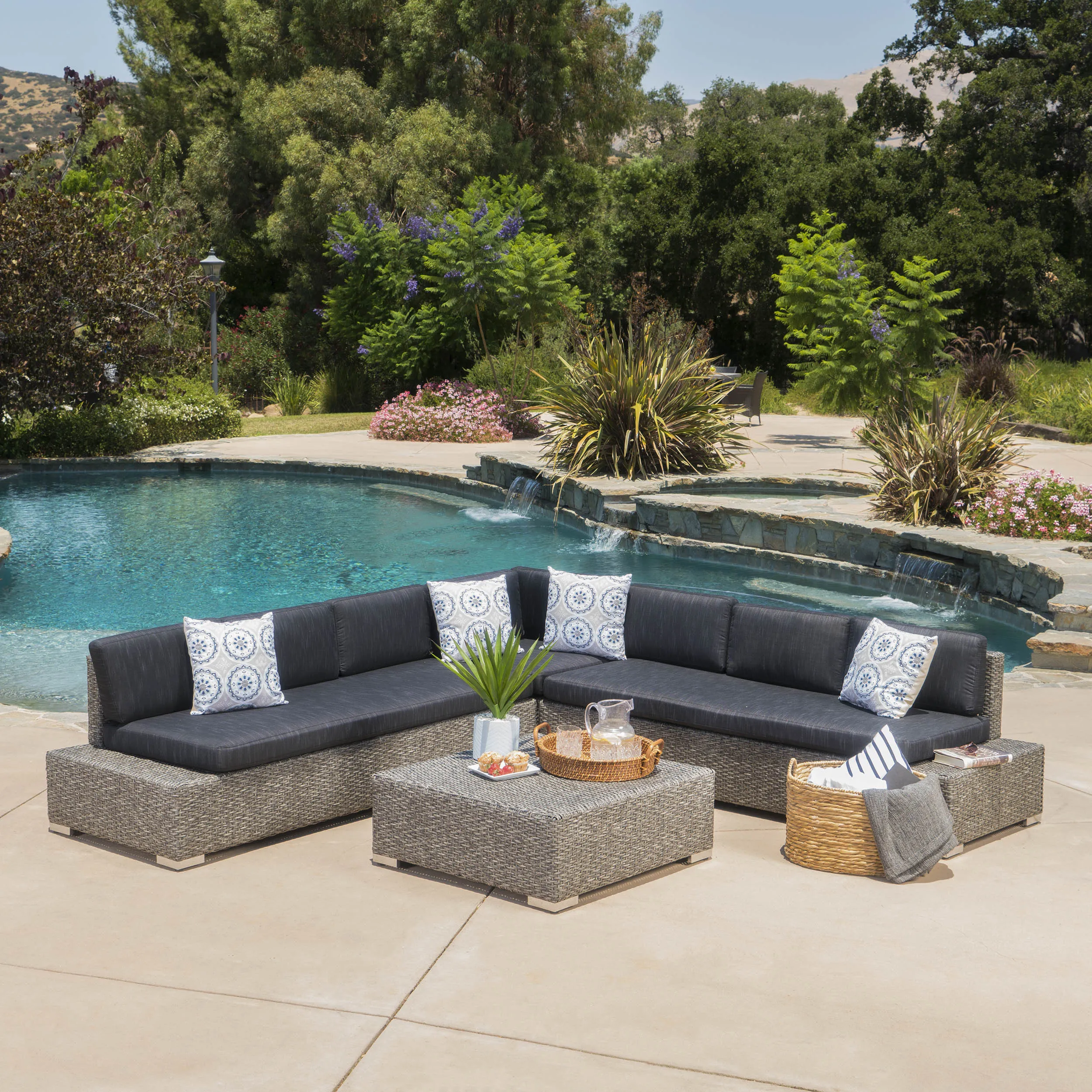 Outdoor 7 Seat Wicker V Shaped Sectional Sofa w/ Water Resistant Cushions - NH811103 patio chairs, outdoor seating